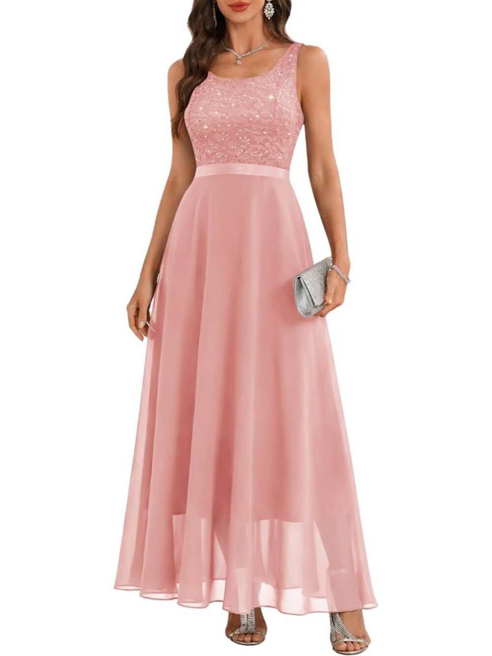 Women's Blush A LINE Sequin Silhouette Shimmer Mesh Cocktail Maxi Dress